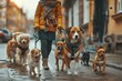 A Dog Walker Guiding a Pack of Playful Pups on a Leisurely Urban Stroll Promoting Exercise and Socialization