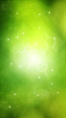 Poster - loop bright green nature bokeh with flying chemistry hexagon bonds vertical background.