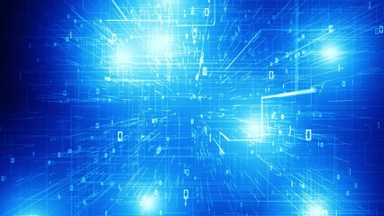  Loop glowing blue spot lights movement on digital computer network with binary numbers.