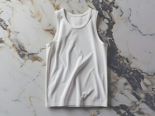 The clean and simple white tank top on a minimal marble background providing a versatile and premium design template for athletic or lifestyle