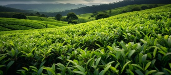 Wall Mural - A picturesque view of an expansive green field dotted with a few tall trees and rolling hills in the backdrop