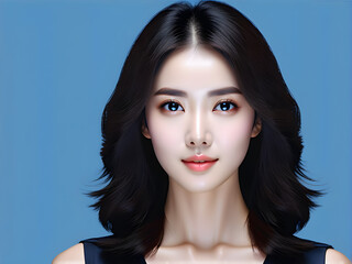 Wall Mural - Serenity in Blue: Exquisite Asian Female Models on Blue Background(Generative AI)