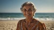 elderly middle eastern woman on bright summer beach vacation background smiling happy looking at camera with copy space for banner backdrop from Generative AI