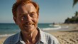 elderly red head man on bright summer beach vacation background smiling happy looking at camera with copy space for banner backdrop from Generative AI