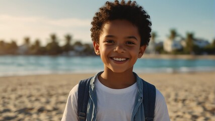 kid child multiracial boy on bright summer beach vacation background smiling happy looking at camera with copy space for banner backdrop from Generative AI