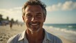 middle aged caucasian man on bright summer beach vacation background smiling happy looking at camera with copy space for banner backdrop from Generative AI