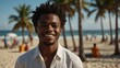 young black african man on bright summer beach vacation background smiling happy looking at camera with copy space for banner backdrop from Generative AI