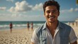 young hispanic man on bright summer beach vacation background smiling happy looking at camera with copy space for banner backdrop from Generative AI
