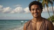 young pacific islander man on bright summer beach vacation background smiling happy looking at camera with copy space for banner backdrop from Generative AI