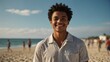 © Arceli - young multiracial man on bright summer beach vacation background smiling happy looking at camera with copy space for banner backdrop from Generative AI
