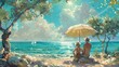 A serene beach scene with colorful fish swimming in the clear, blue sea under a sunny sky, surrounded by sandy shores, umbrellas, and chairs, creating a perfect tropical vacation spot