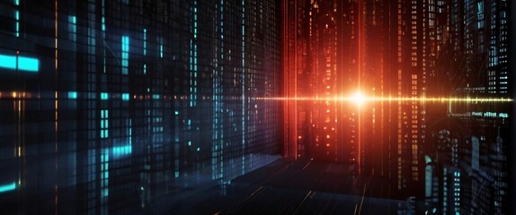 An abstract digital background with binary code and AI algorithms running in the background