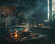 Dark, moody kitchen with a witch's cauldron gently simmering, potion ingredients scattered around