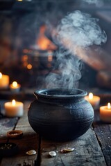 Dark, detailed cauldron on an old wooden table, potion brewing, under the light of flickering candles