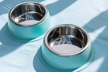 Two empty pet bowls on a sunny blue background.