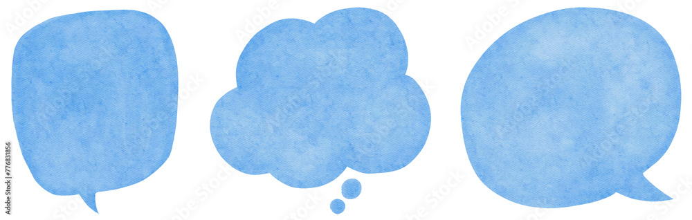 A set of hand-drawn three blue watercolor speech bubbles is presented ...
