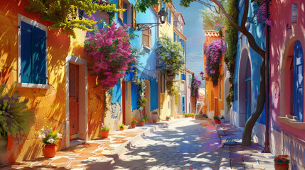 Canvas Print - Charming colorful Mediterranean street in sunlit afternoon