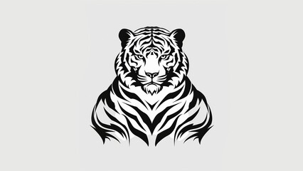 Wall Mural - a minimalist icon drawing of a cute pump bodybuilder physique in the shape of a tiger , cutely focused with big buff arms, black and white logo 