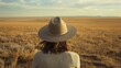 A woman with a widebrimmed hat stares out into the distance the endless plains stretching out before . . .