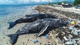 Fototapeta Big Ben - A pair of stranded whales beached on a shore littered with plastic debris, underscoring the intersection of climate change and ocean pollution in endangering marine life