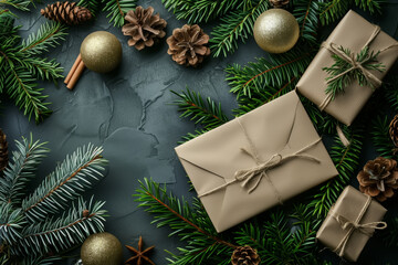 Christmas presents wrapped in brown paper and tied with twin