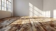 Empty room with sunlight casting shadows on a wooden floor and white walls 