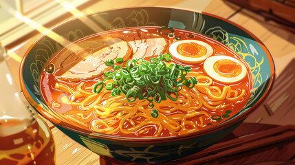 Poster - Delicious Japanese ramen soup in ceramic bowl concept,