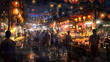 Digital art of bustling Asian street food night market