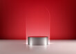 3D realistic silver metallic podium with glass transparent backdrop on the white floor and red wall background