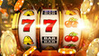 Slot machine reels with lucky number seven and bright lights.