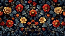 A Vibrant Floral Pattern With Red And Yellow Flowers On A Dark Blue Background, Perfect For Textile Design Or Wallpaper Art. 