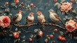 Three sparrows perched on a branch with blooming roses on a decorative background, perfect for elegant design elements.