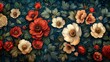 A richly colored floral wallpaper design with a variety of blossoming flowers against a dark background.