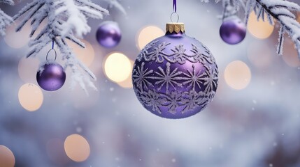 Canvas Print - snowy purple christmas ornaments