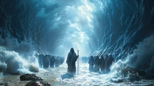 Army Crossing Magical Sea With Glowing Staff In Epic Fantasy Scene