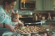 Two toddlers with bunny ears are sharing the joy of baking cookies in a kitchen, surrounded by food, tableware, and a view of the window AIG42E