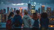 A diverse group of students stand on a rooftop backs to the camera as they gaze out at the ling lights of a cityscape. . .