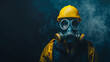 Worker in gas mask, promoting safety, dark background