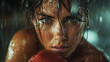 A woman with wet hair and a red boxing glove