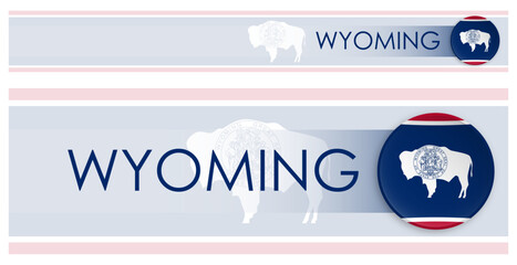 Wall Mural - Wyoming US state horizontal web banner in modern neomorphism style. Webpage Wyoming election header button for mobile application or internet site. Vector