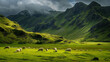 A lush green meadow at the mountain's base offers ample grazing space for sheep