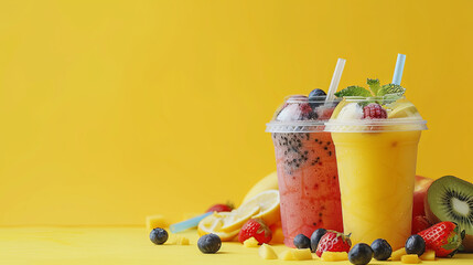 Wall Mural - Delicious fruit smoothie made from berries on a yellow isolated background, copy space