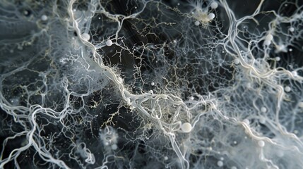 Poster - A topdown view of a colony of fungal hyphae resembling a web of white threads spreading and expanding across the surface of a culture