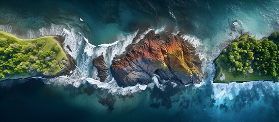 Poster - View from above of a cascading waterfall descending into a serene body of water