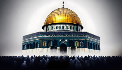 Wall Mural - Eid Celebration in Palestine Masjid Aqsa, A large crowd of people of various ages with palestine flag and Middle Eastern ethnicity in front of the Dome of the Rock, Asian ethnicit