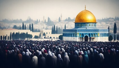 Wall Mural - Eid Celebration in Palestine Masjid Aqsa, A large crowd of people of various ages with palestine flag and Middle Eastern ethnicity in front of the Dome of the Rock, Asian ethnicit