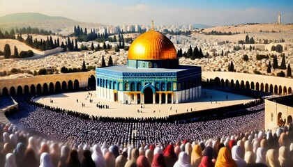 Wall Mural - Eid Celebration in Palestine Masjid Aqsa, A large crowd of people of various ages with palestine flag and Middle Eastern ethnicity in front of the Dome of the Rock, Asian ethnicit