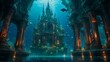 In the eerie depths of the ocean, a vibrant yet decaying underwater city sparkles with ghostly lights and shimmers of opulence.