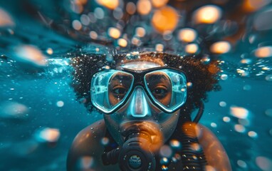 Wall Mural - A woman is underwater wearing a mask and a snorkel. She is looking up at the camera