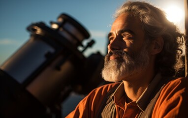 Poster - A man with a beard and gray hair is looking through a telescope. The man is wearing an orange shirt and a vest